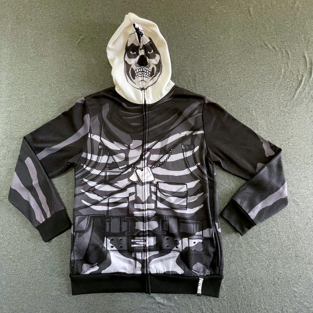 Fortnite Skull Trooper Hoodie Boys L Black Skeleton Full Zip Mesh Mask 2019